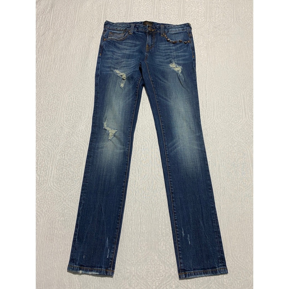 Rerock Express Jeans Women's Size 6 Blue Skinny Distressed Stretch Whiskers